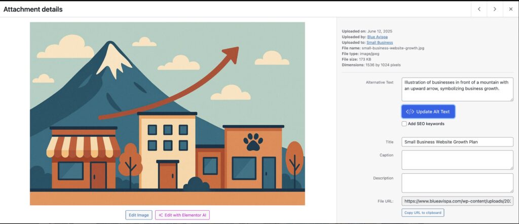 Screenshot of a illustration of businesses with a rising arrow in front of a mountain, symbolizing business growth.